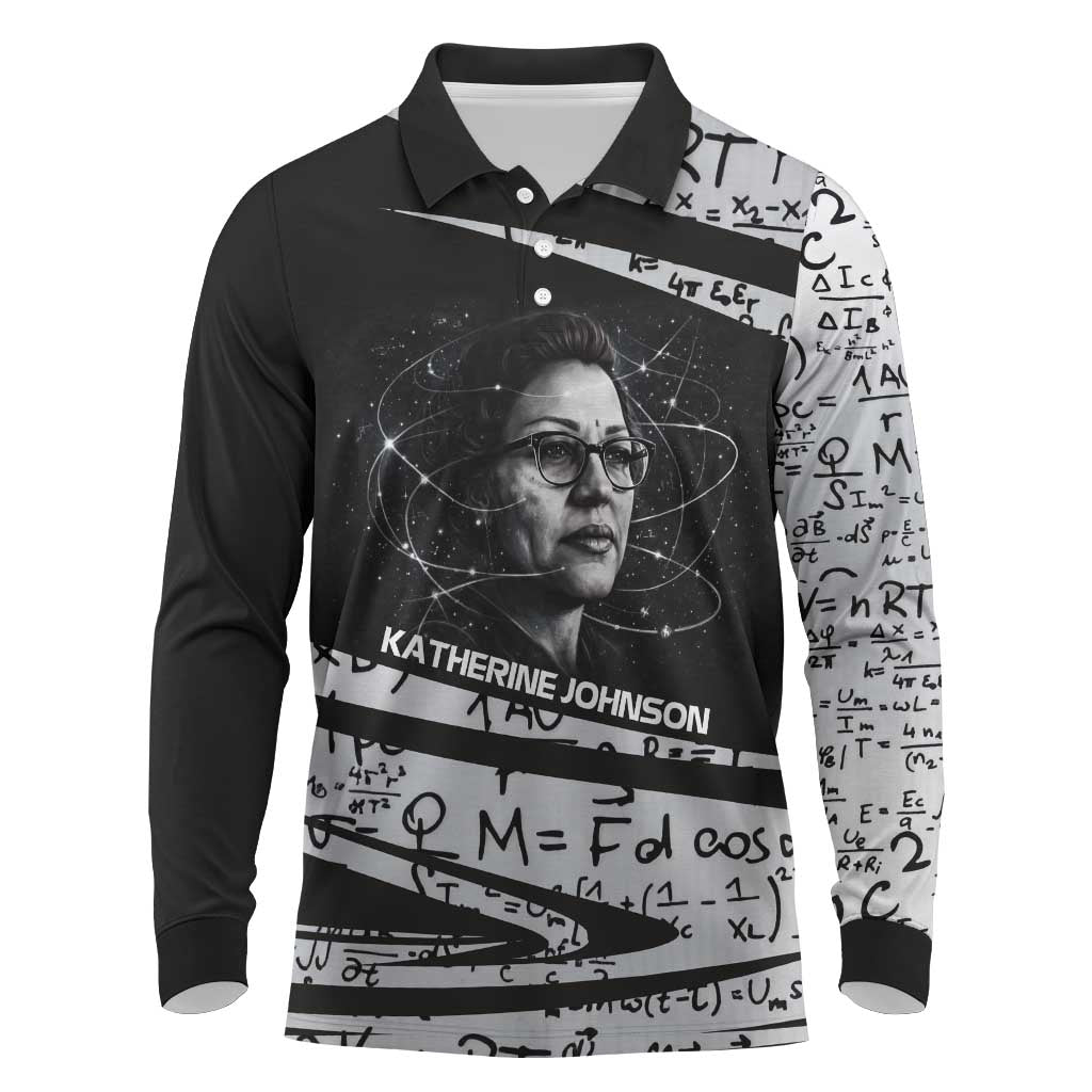 Katherine Johnson Long Sleeve Polo Shirt with Orbital Space Portrait, Historic NASA Launch Dates and Physics - African Pride