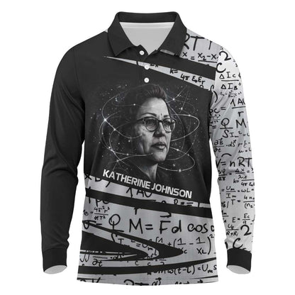 Katherine Johnson Long Sleeve Polo Shirt with Orbital Space Portrait, Historic NASA Launch Dates and Physics - African Pride