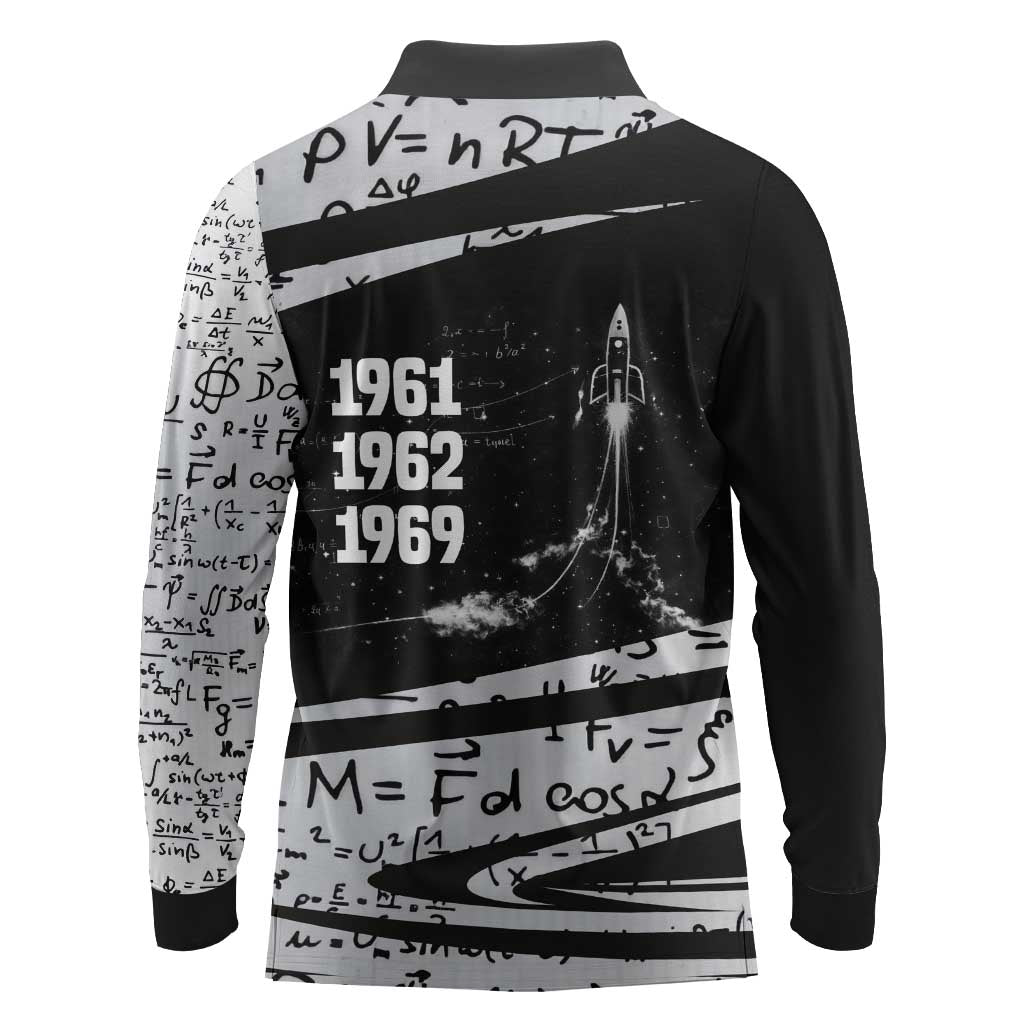 Katherine Johnson Long Sleeve Polo Shirt with Orbital Space Portrait, Historic NASA Launch Dates and Physics - African Pride