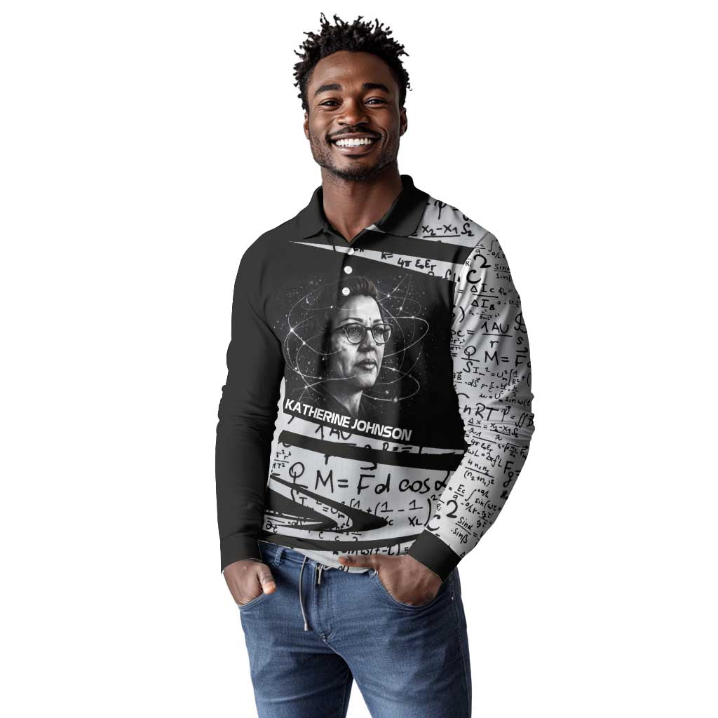 Katherine Johnson Long Sleeve Polo Shirt with Orbital Space Portrait, Historic NASA Launch Dates and Physics - African Pride