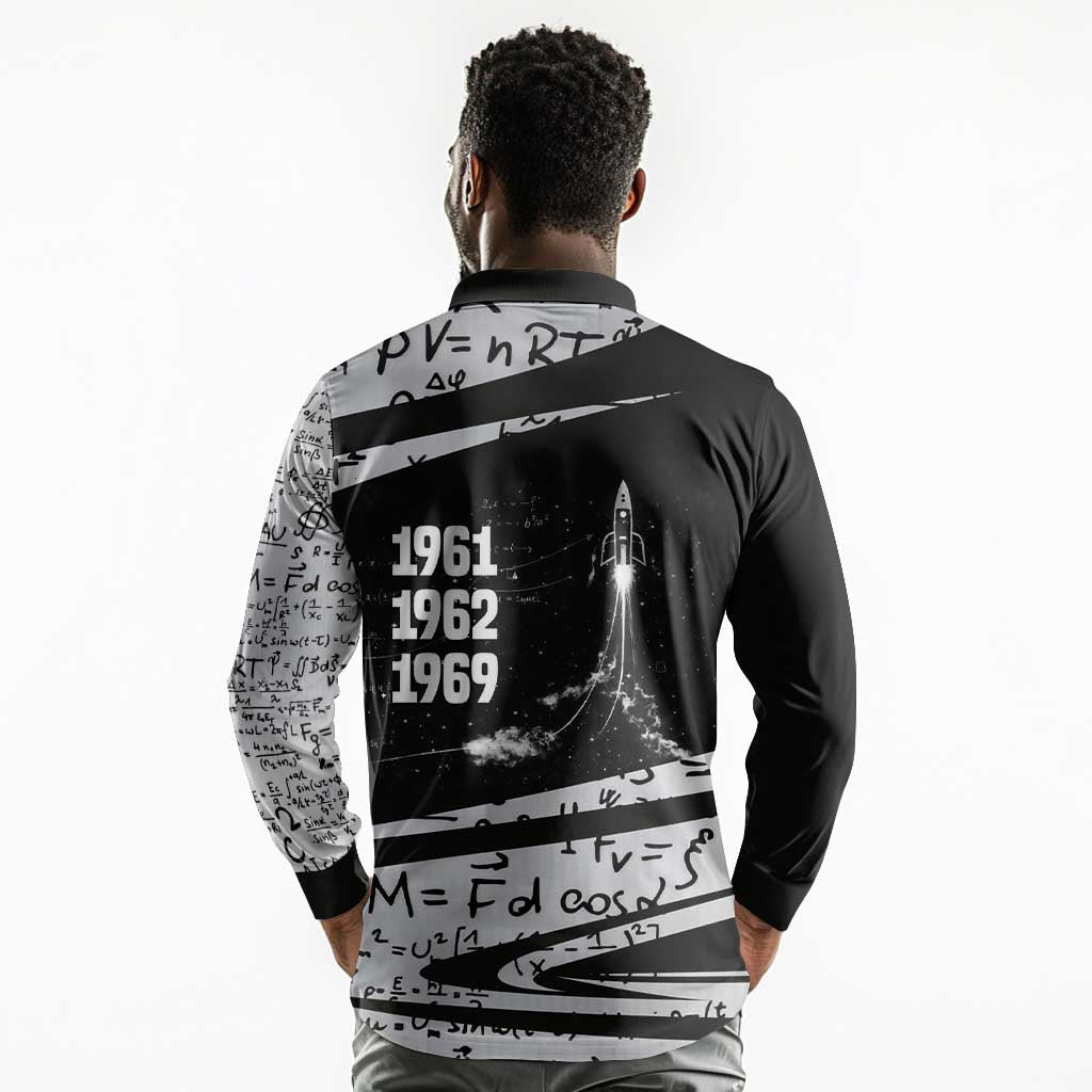 Katherine Johnson Long Sleeve Polo Shirt with Orbital Space Portrait, Historic NASA Launch Dates and Physics - African Pride