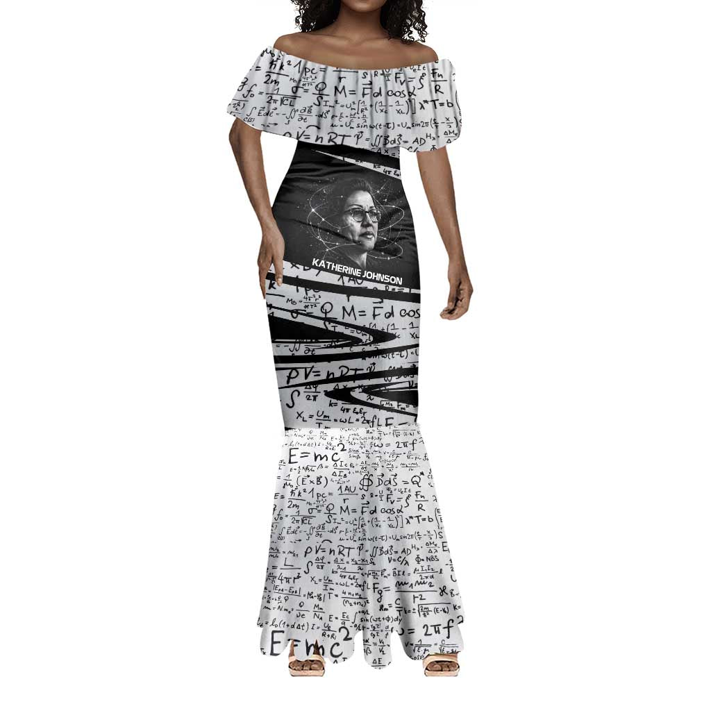Katherine Johnson Mermaid Dress with Orbital Space Portrait, Historic NASA Launch Dates and Physics - African Pride