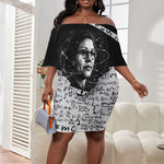 Katherine Johnson Off Shoulder Short Dress with Orbital Space Portrait, Historic NASA Launch Dates and Physics - African Pride
