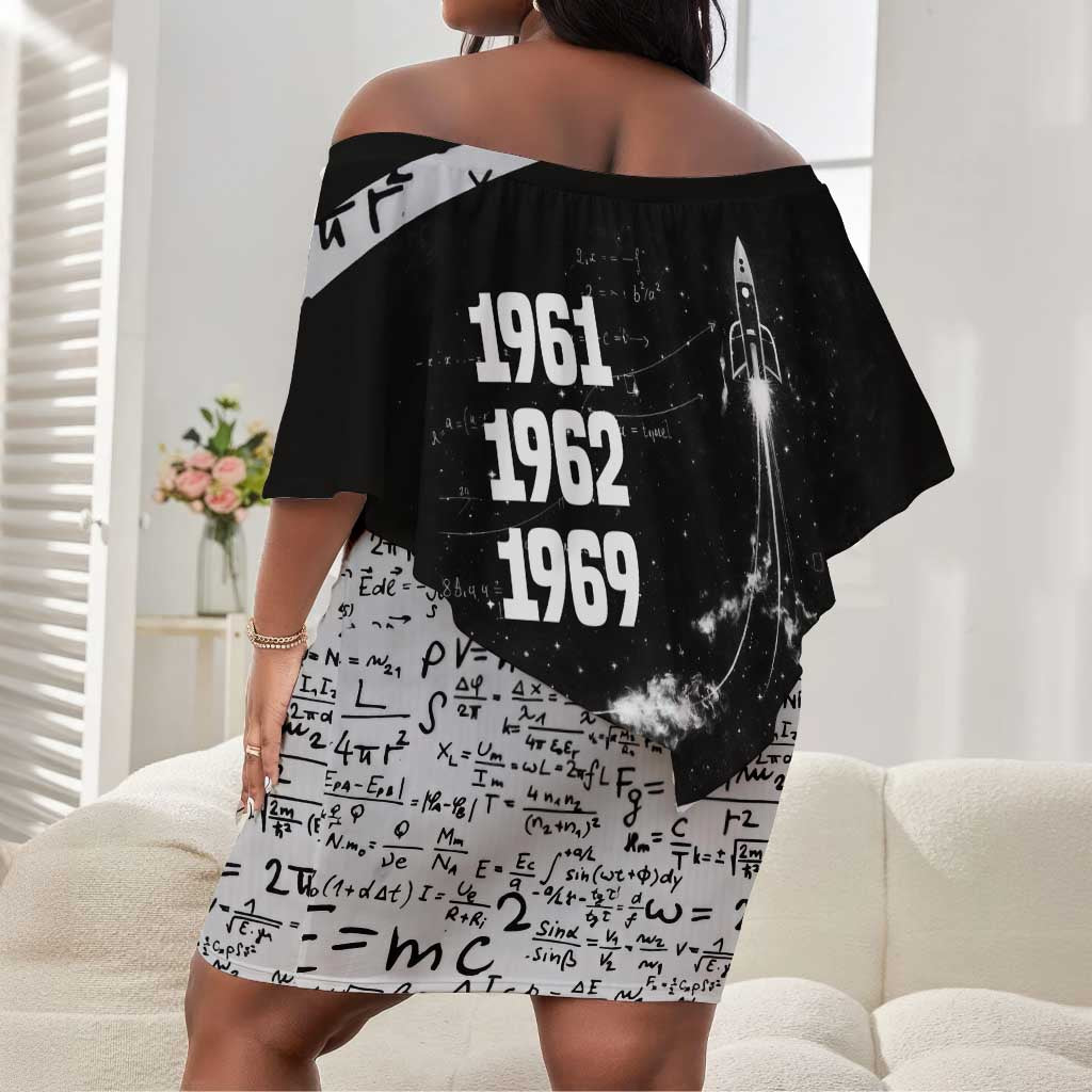 Katherine Johnson Off Shoulder Short Dress with Orbital Space Portrait, Historic NASA Launch Dates and Physics - African Pride