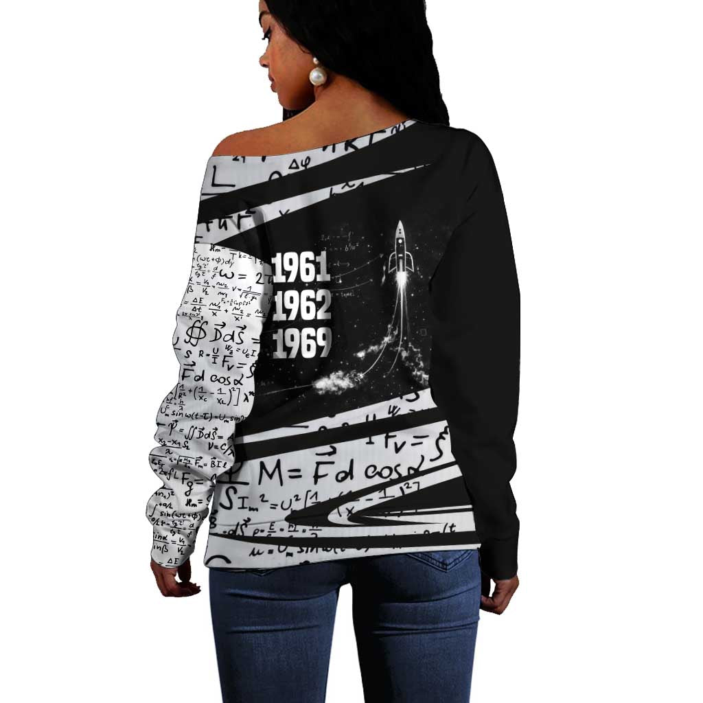 Katherine Johnson Off Shoulder Sweater with Orbital Space Portrait, Historic NASA Launch Dates and Physics - African Pride