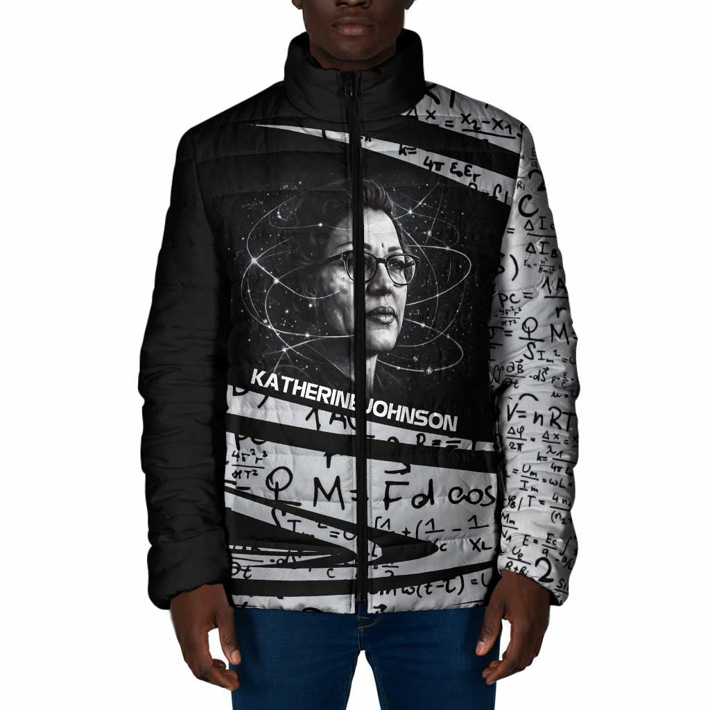 Katherine Johnson Padded Jacket with Orbital Space Portrait, Historic NASA Launch Dates and Physics - African Pride