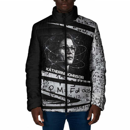 Katherine Johnson Padded Jacket with Orbital Space Portrait, Historic NASA Launch Dates and Physics - African Pride