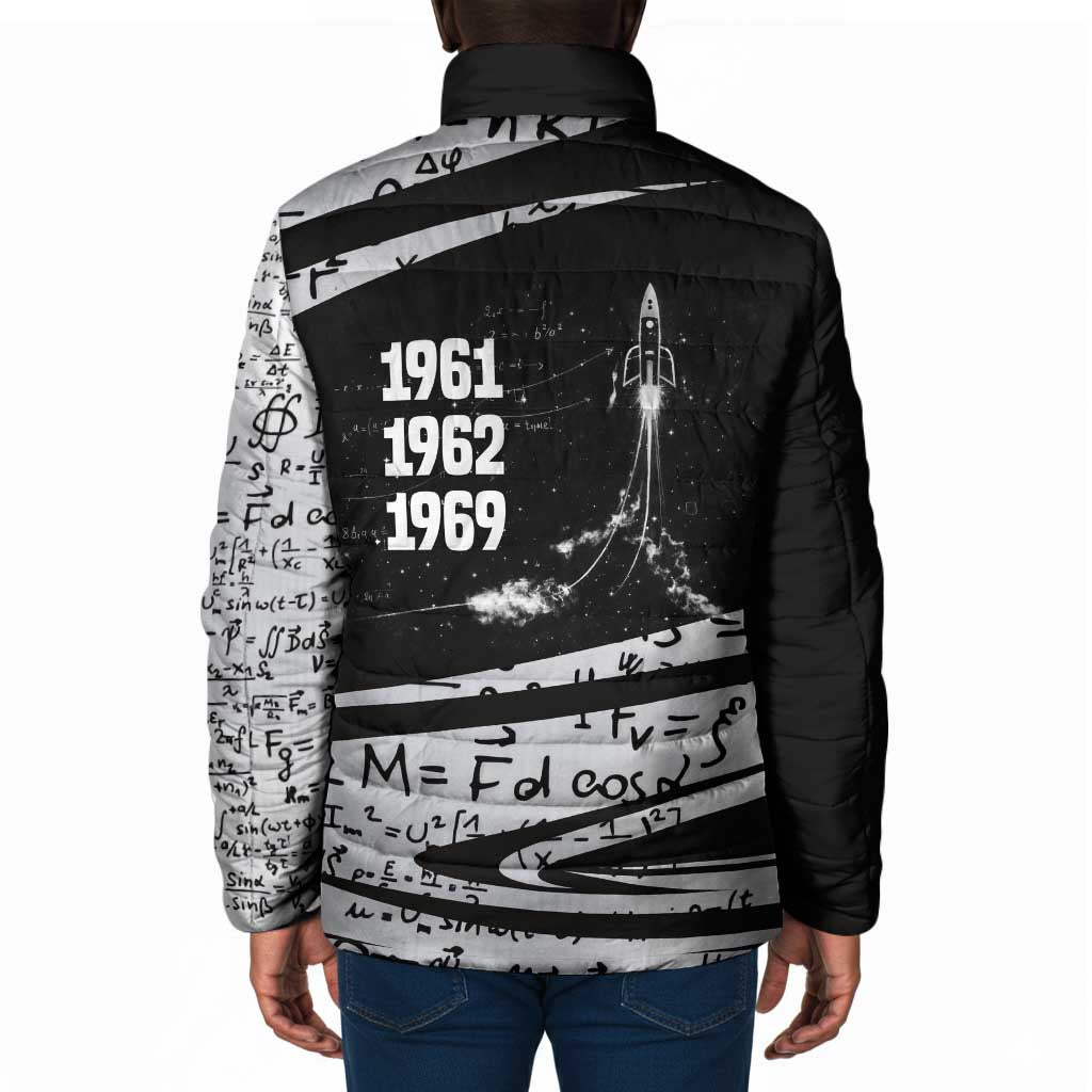 Katherine Johnson Padded Jacket with Orbital Space Portrait, Historic NASA Launch Dates and Physics - African Pride