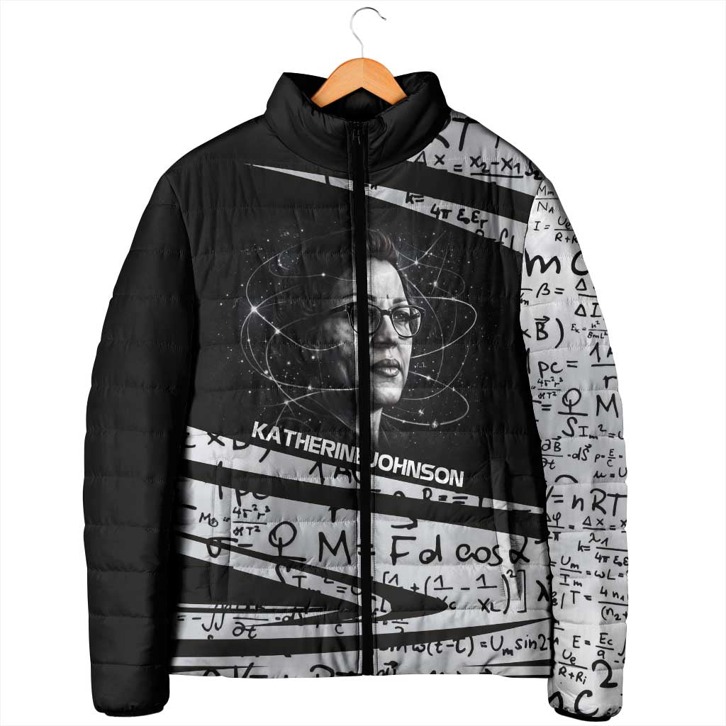 Katherine Johnson Padded Jacket with Orbital Space Portrait, Historic NASA Launch Dates and Physics - African Pride