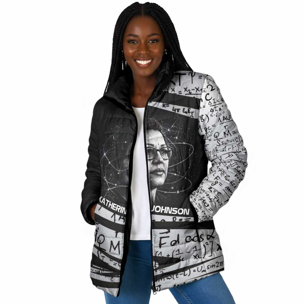 Katherine Johnson Padded Jacket with Orbital Space Portrait, Historic NASA Launch Dates and Physics - African Pride