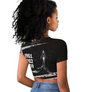 Katherine Johnson Raglan Cropped T shirt with Orbital Space Portrait, Historic NASA Launch Dates and Physics - African Pride