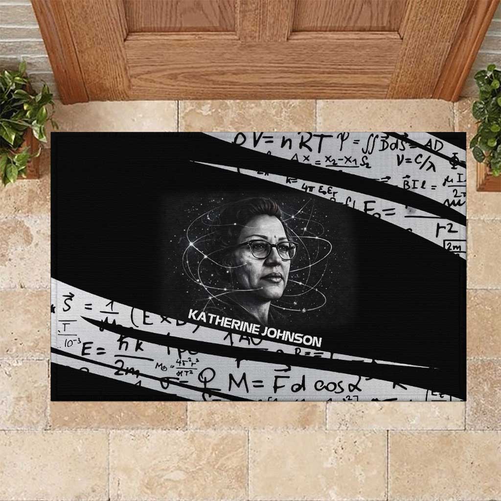 Katherine Johnson Rubber Doormat with Orbital Space Portrait, Historic NASA Launch Dates and Physics - African Pride