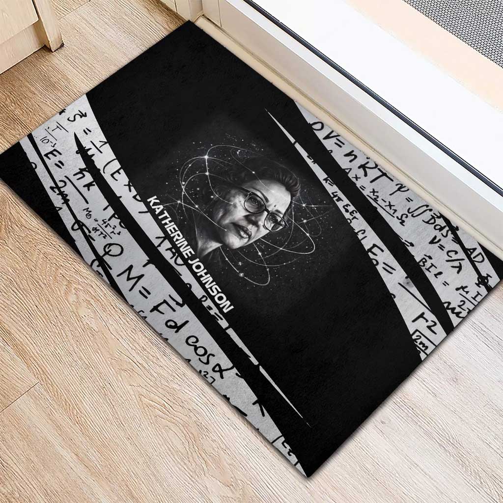 Katherine Johnson Rubber Doormat with Orbital Space Portrait, Historic NASA Launch Dates and Physics - African Pride