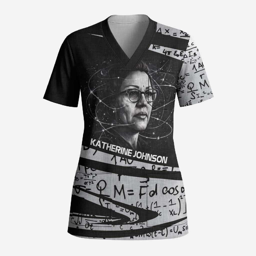 Katherine Johnson Scrub Top with Orbital Space Portrait, Historic NASA Launch Dates and Physics - African Pride