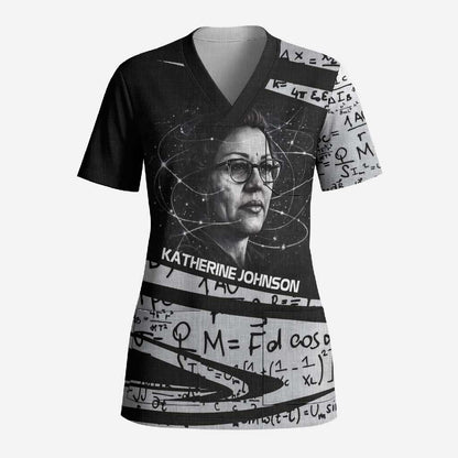 Katherine Johnson Scrub Top with Orbital Space Portrait, Historic NASA Launch Dates and Physics - African Pride
