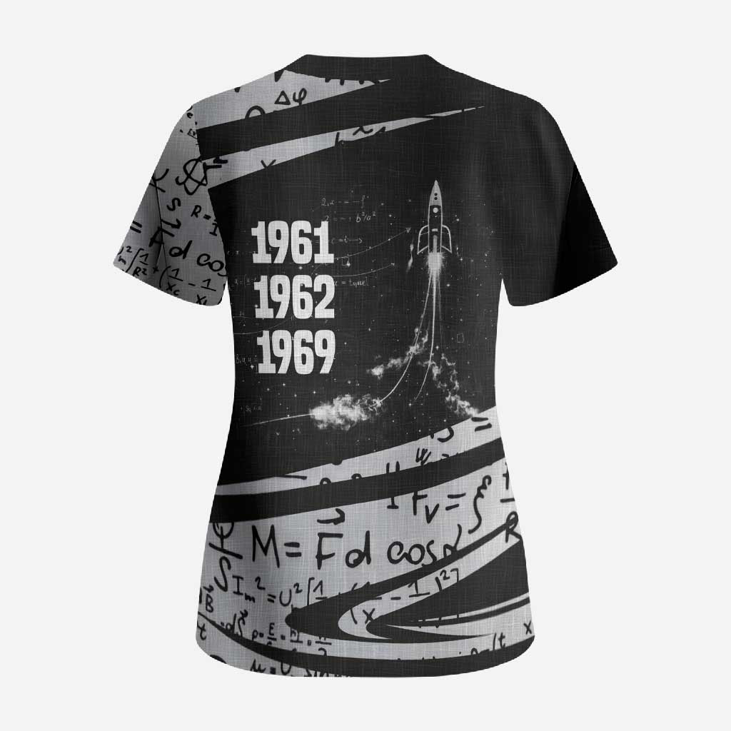 Katherine Johnson Scrub Top with Orbital Space Portrait, Historic NASA Launch Dates and Physics - African Pride