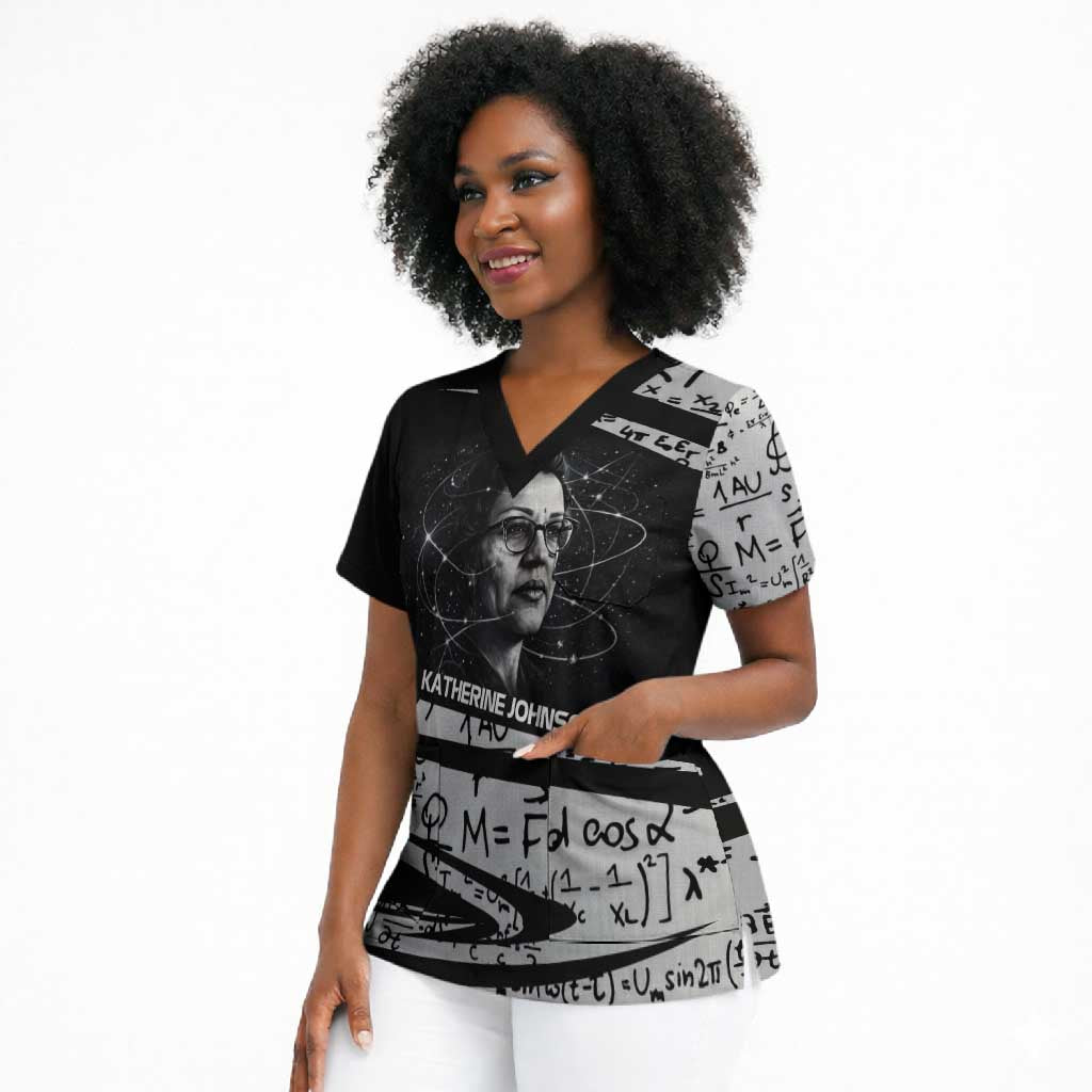 Katherine Johnson Scrub Top with Orbital Space Portrait, Historic NASA Launch Dates and Physics - African Pride