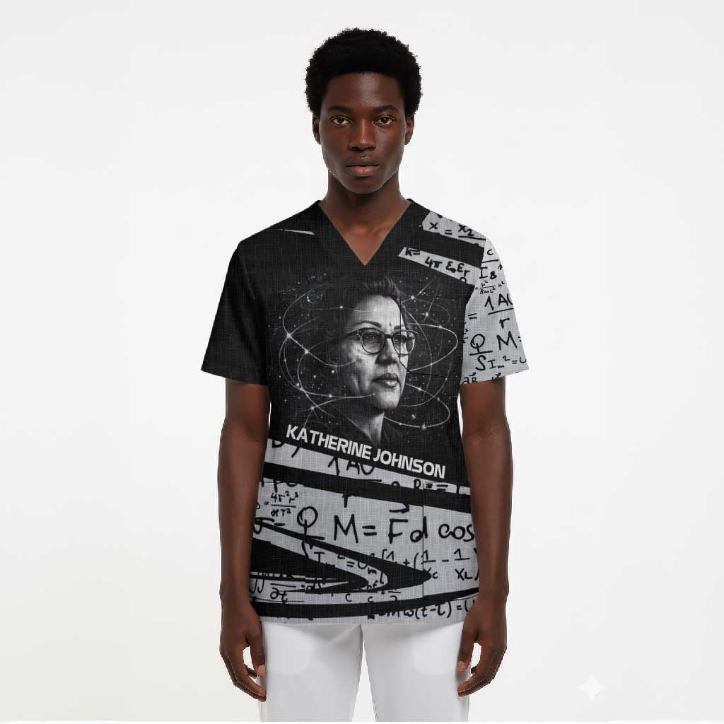 Katherine Johnson Scrub Top with Orbital Space Portrait, Historic NASA Launch Dates and Physics - African Pride