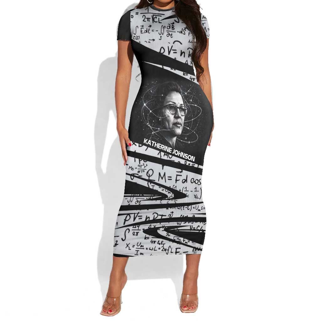 Katherine Johnson Short Sleeve Bodycon Dress with Orbital Space Portrait, Historic NASA Launch Dates and Physics - African Pride