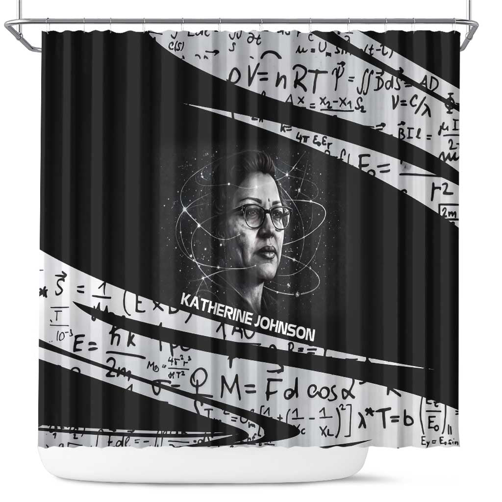 Katherine Johnson Shower Curtain with Orbital Space Portrait, Historic NASA Launch Dates and Physics - African Pride