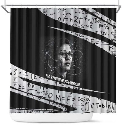 Katherine Johnson Shower Curtain with Orbital Space Portrait, Historic NASA Launch Dates and Physics - African Pride