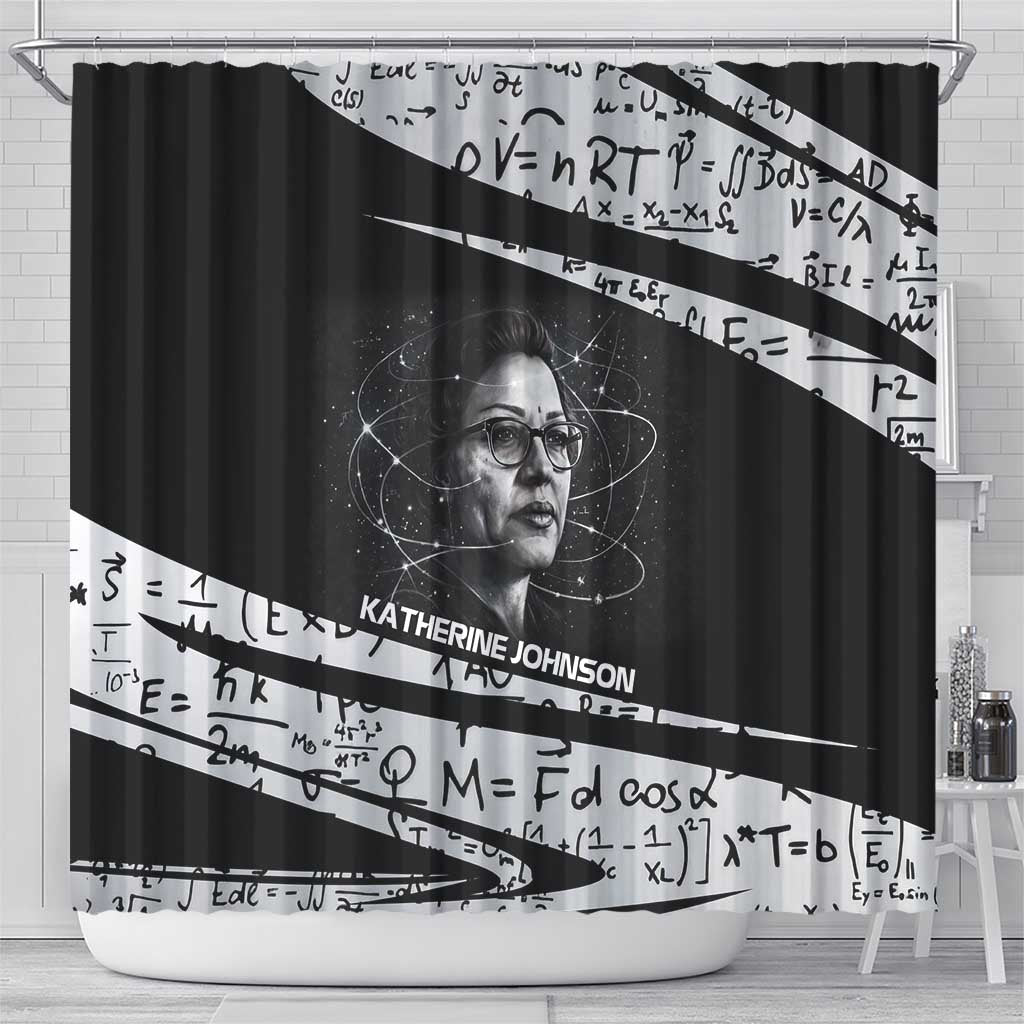 Katherine Johnson Shower Curtain with Orbital Space Portrait, Historic NASA Launch Dates and Physics - African Pride