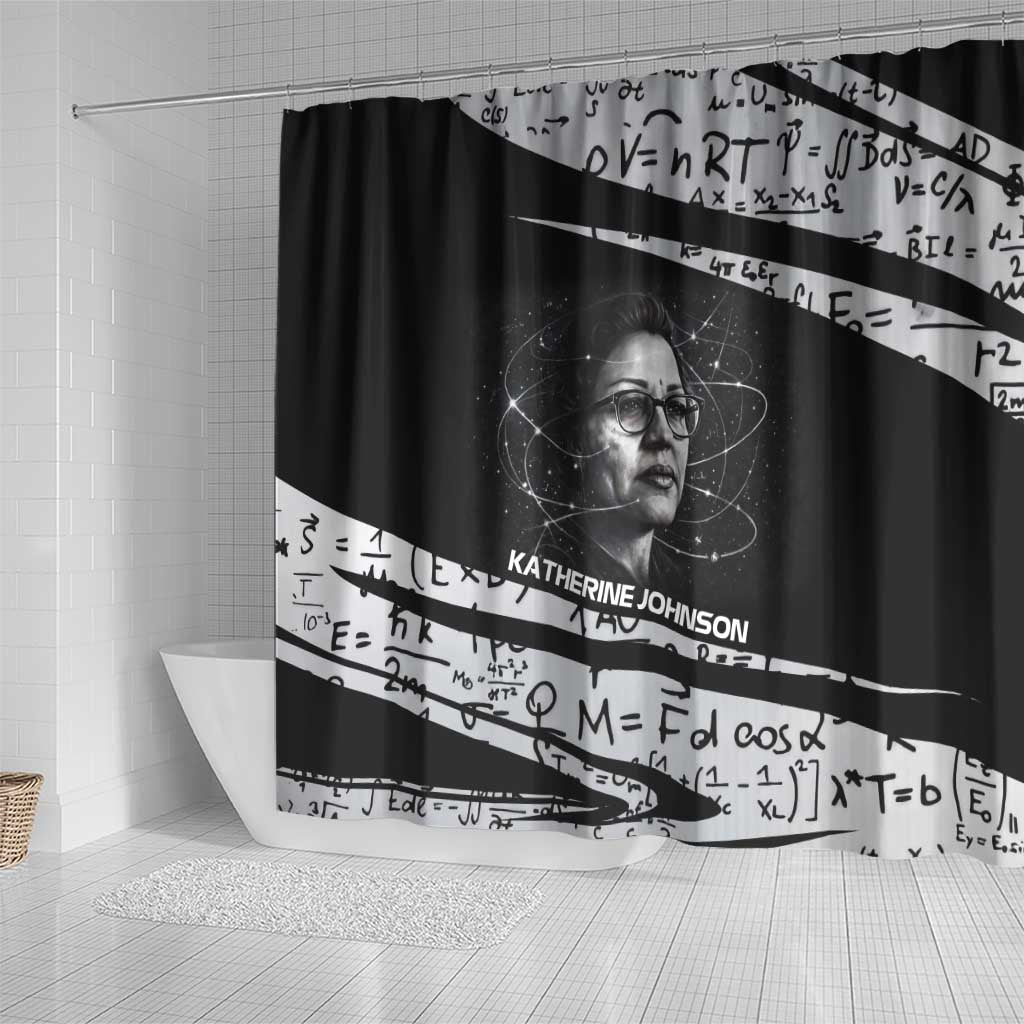 Katherine Johnson Shower Curtain with Orbital Space Portrait, Historic NASA Launch Dates and Physics - African Pride