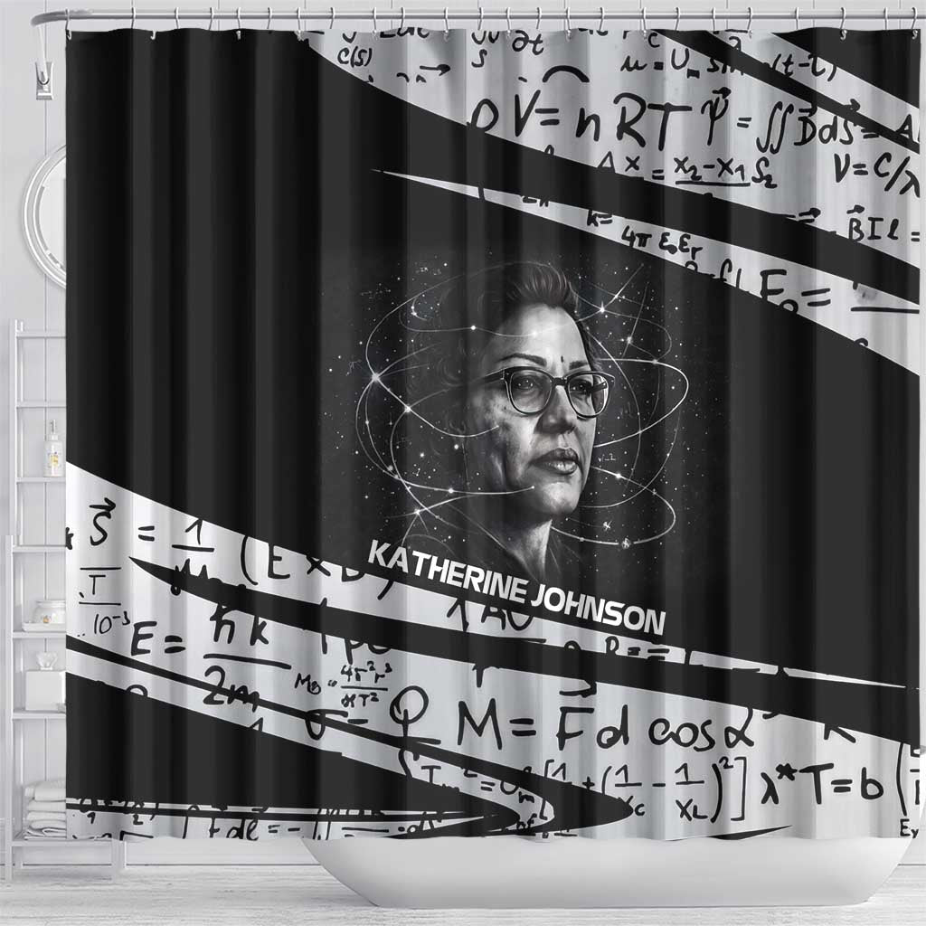 Katherine Johnson Shower Curtain with Orbital Space Portrait, Historic NASA Launch Dates and Physics - African Pride