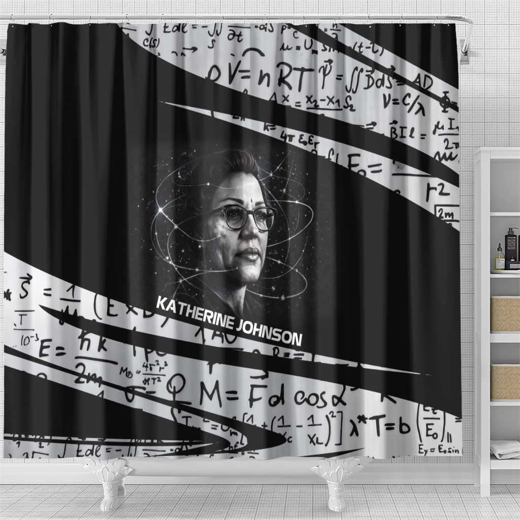 Katherine Johnson Shower Curtain with Orbital Space Portrait, Historic NASA Launch Dates and Physics - African Pride