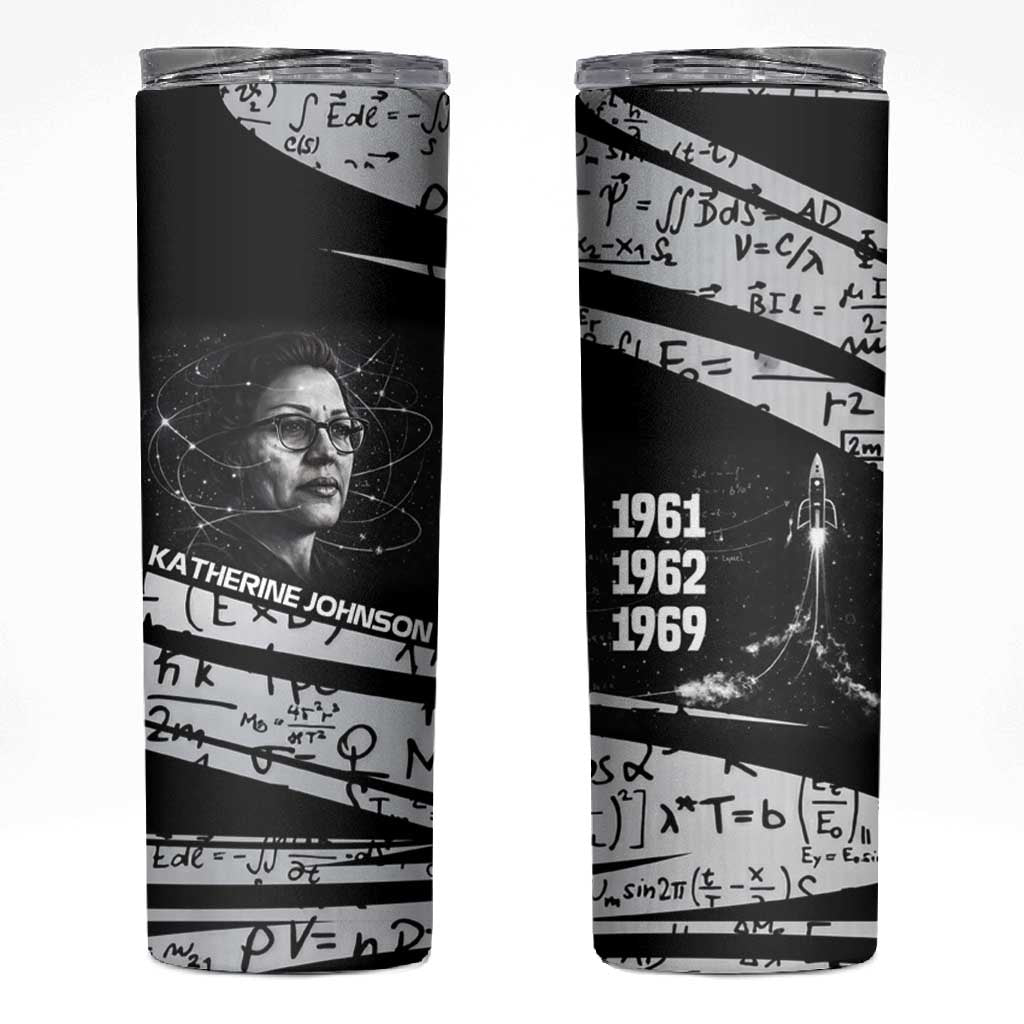 Katherine Johnson Skinny Tumbler with Orbital Space Portrait, Historic NASA Launch Dates and Physics - African Pride