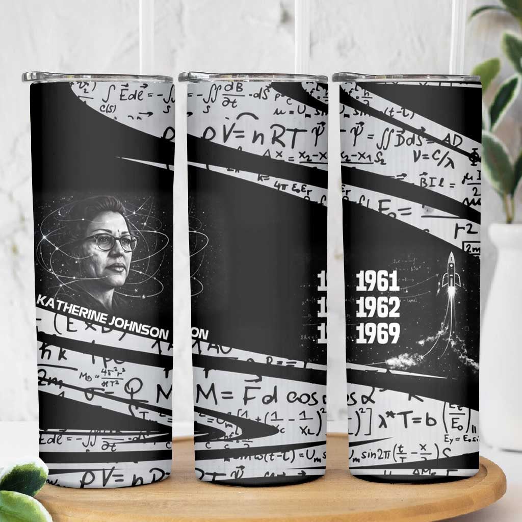 Katherine Johnson Skinny Tumbler with Orbital Space Portrait, Historic NASA Launch Dates and Physics - African Pride