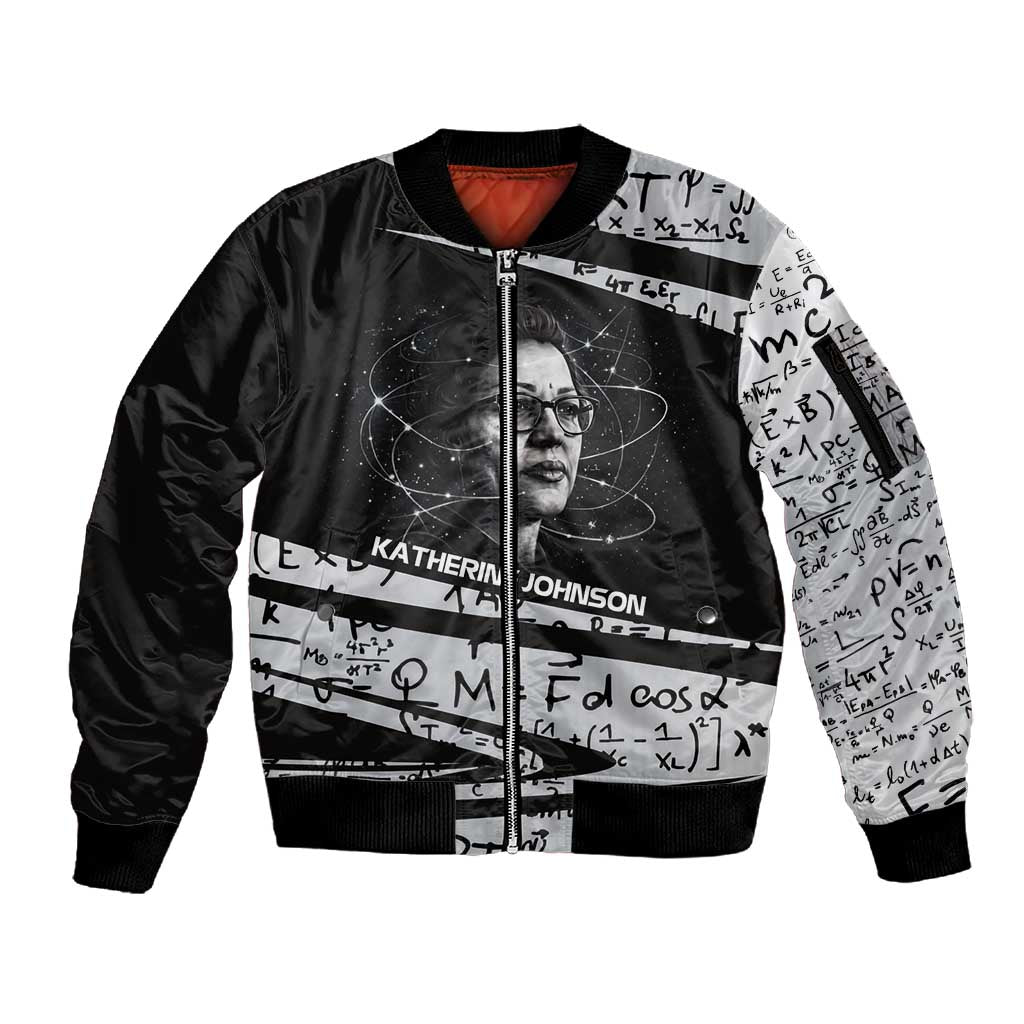 Katherine Johnson Sleeve Zip Bomber Jacket with Orbital Space Portrait, Historic NASA Launch Dates and Physics - African Pride