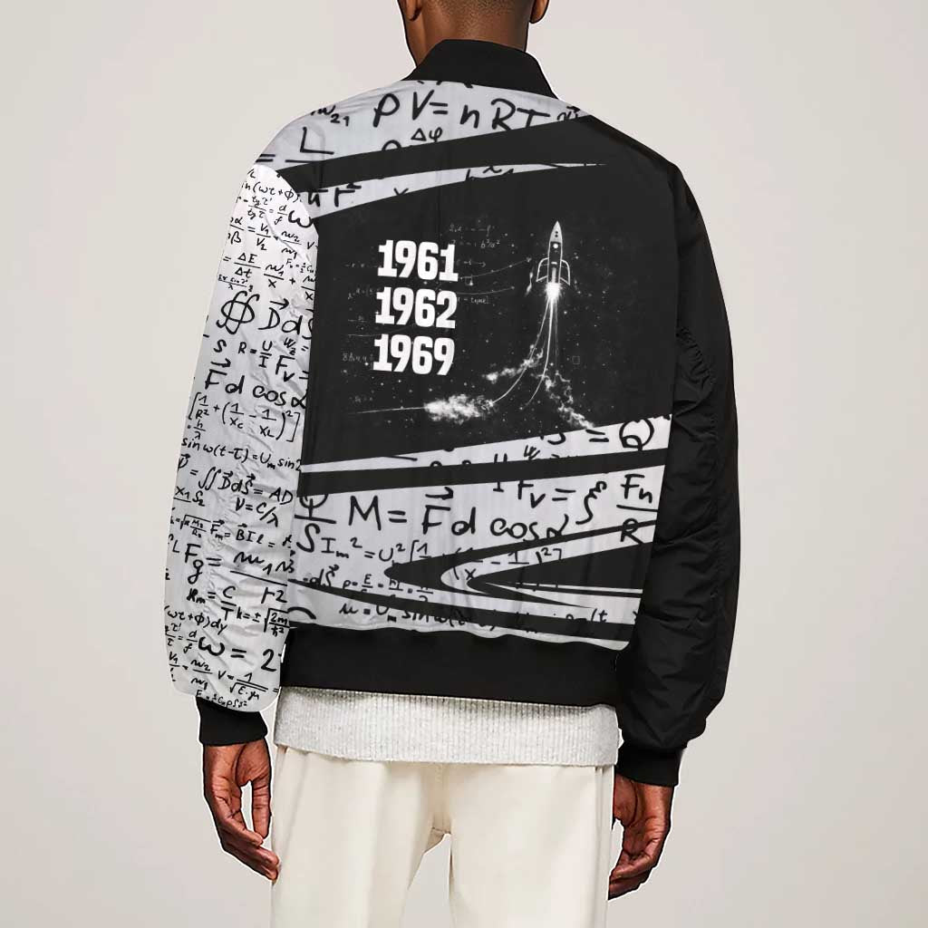 Katherine Johnson Sleeve Zip Bomber Jacket with Orbital Space Portrait, Historic NASA Launch Dates and Physics - African Pride