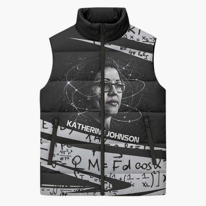 Katherine Johnson Sleeveless Puffer Jacket with Orbital Space Portrait, Historic NASA Launch Dates and Physics - African Pride