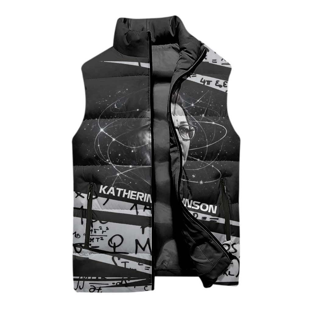 Katherine Johnson Sleeveless Puffer Jacket with Orbital Space Portrait, Historic NASA Launch Dates and Physics - African Pride