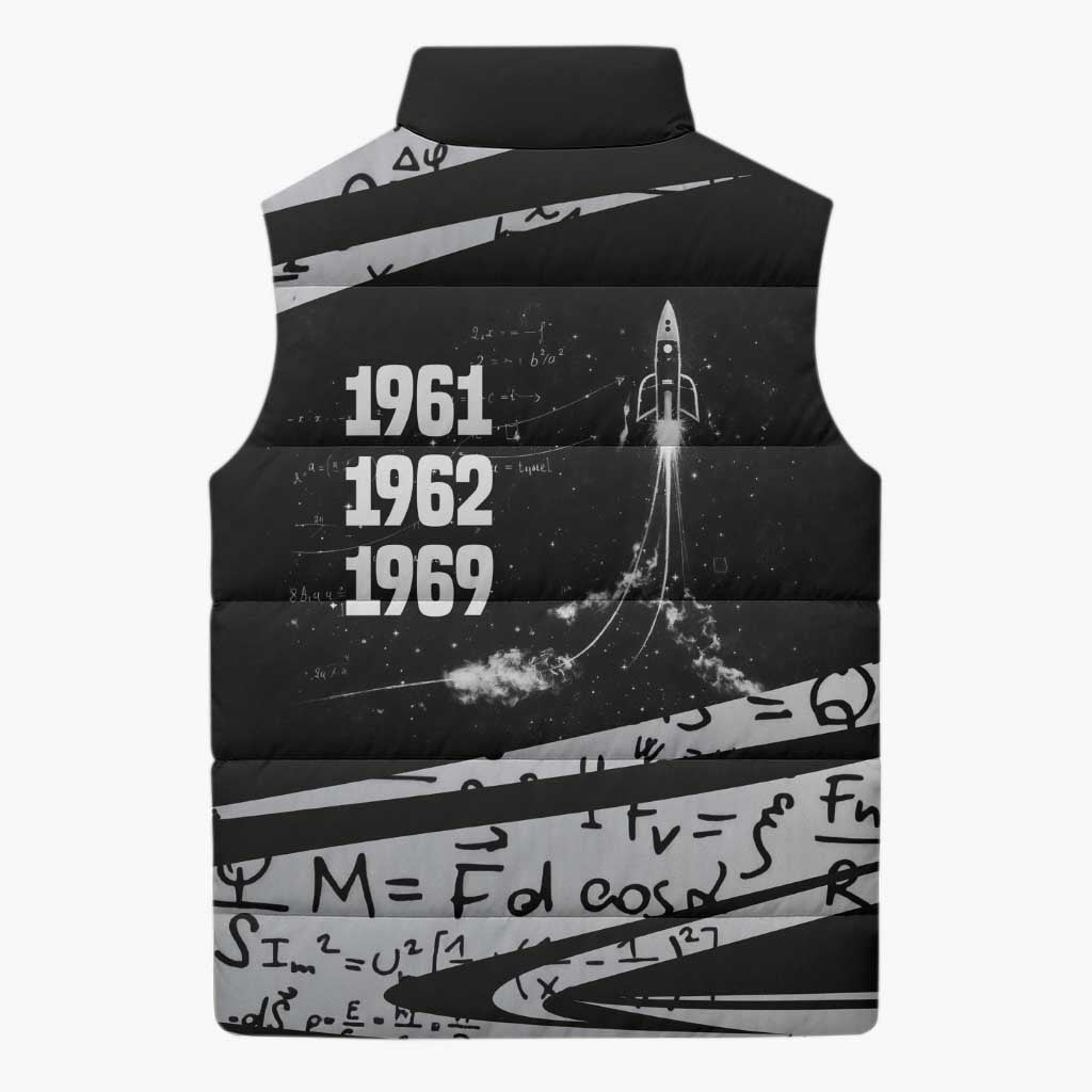 Katherine Johnson Sleeveless Puffer Jacket with Orbital Space Portrait, Historic NASA Launch Dates and Physics - African Pride