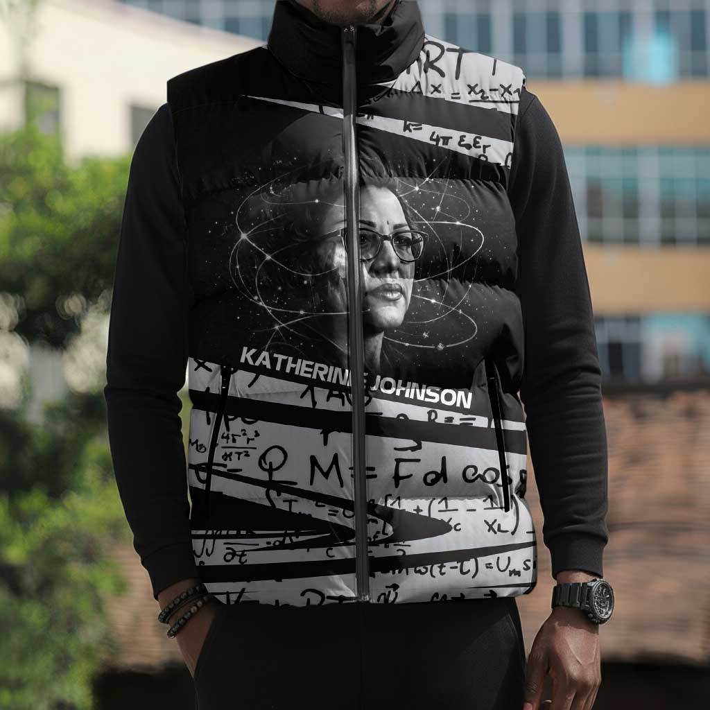 Katherine Johnson Sleeveless Puffer Jacket with Orbital Space Portrait, Historic NASA Launch Dates and Physics - African Pride