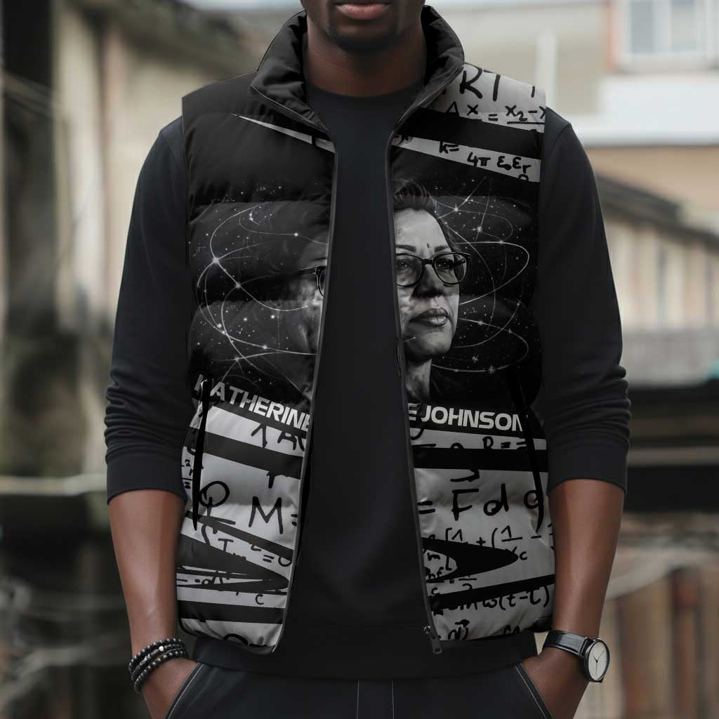 Katherine Johnson Sleeveless Puffer Jacket with Orbital Space Portrait, Historic NASA Launch Dates and Physics - African Pride