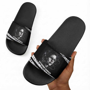 Katherine Johnson Slide Sandals with Orbital Space Portrait, Historic NASA Launch Dates and Physics - African Pride