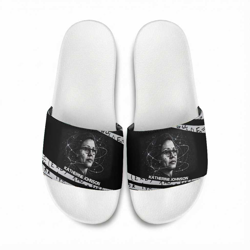 Katherine Johnson Slide Sandals with Orbital Space Portrait, Historic NASA Launch Dates and Physics - African Pride