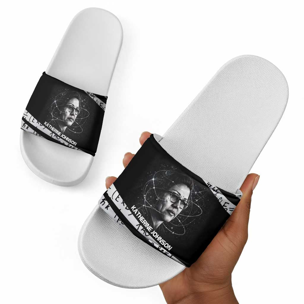 Katherine Johnson Slide Sandals with Orbital Space Portrait, Historic NASA Launch Dates and Physics - African Pride