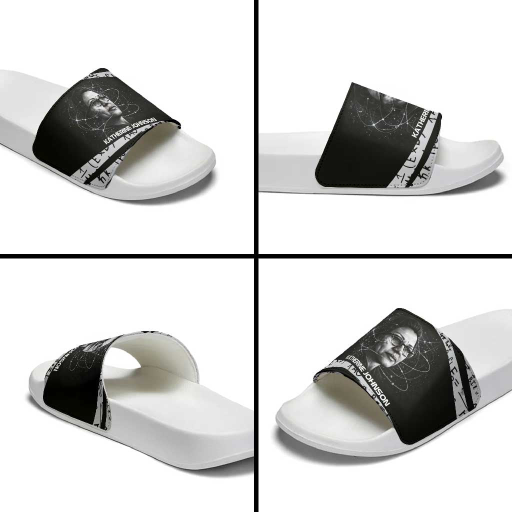 Katherine Johnson Slide Sandals with Orbital Space Portrait, Historic NASA Launch Dates and Physics - African Pride