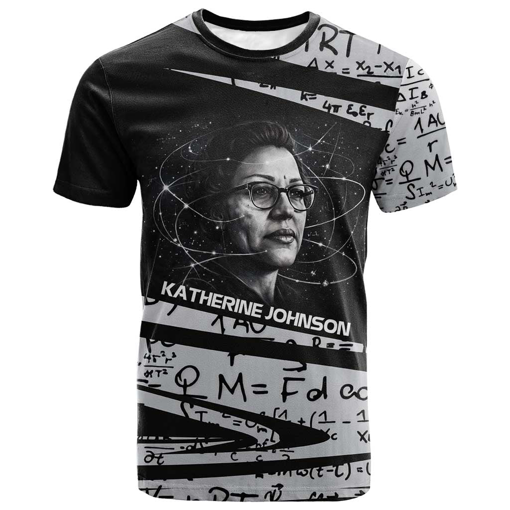 Katherine Johnson T shirt with Orbital Space Portrait, Historic NASA Launch Dates and Physics - African Pride