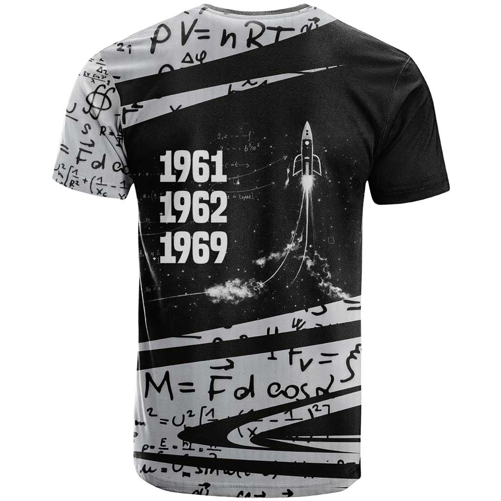 Katherine Johnson T shirt with Orbital Space Portrait, Historic NASA Launch Dates and Physics - African Pride