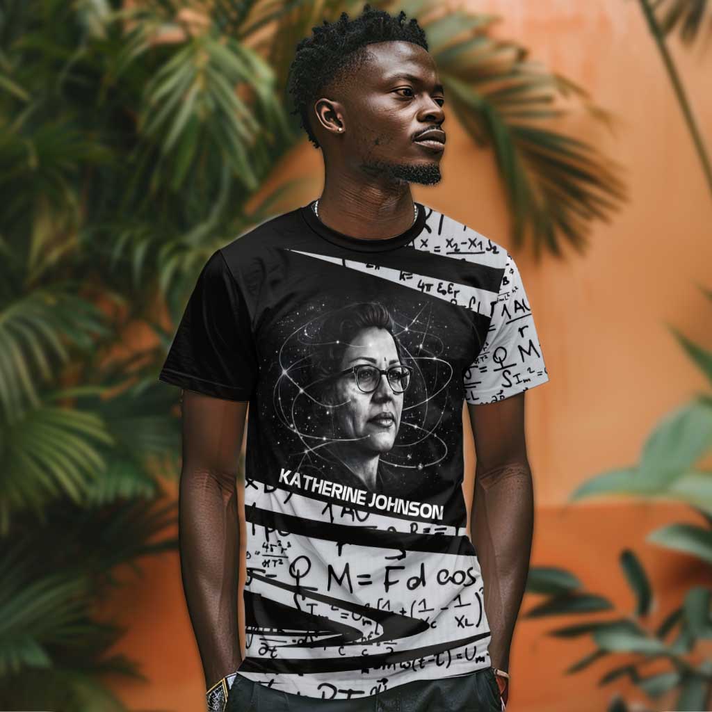 Katherine Johnson T shirt with Orbital Space Portrait, Historic NASA Launch Dates and Physics - African Pride