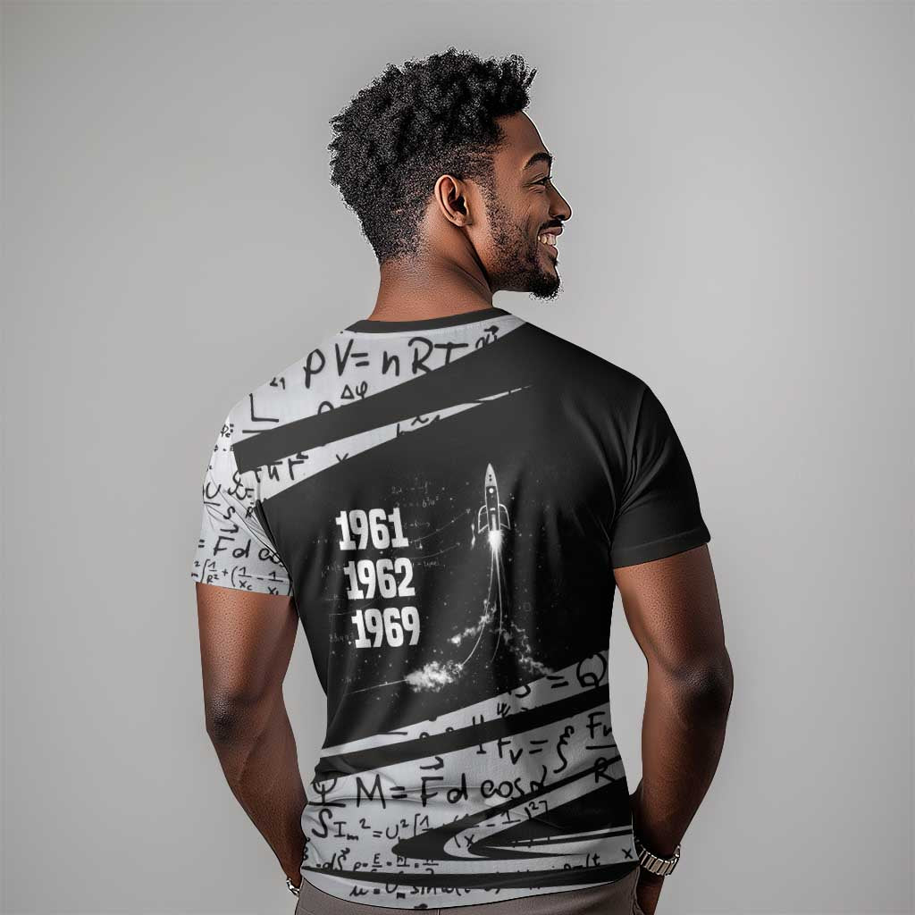 Katherine Johnson T shirt with Orbital Space Portrait, Historic NASA Launch Dates and Physics - African Pride