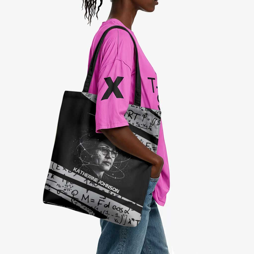 Katherine Johnson Tote Bag with Orbital Space Portrait, Historic NASA Launch Dates and Physics - African Pride