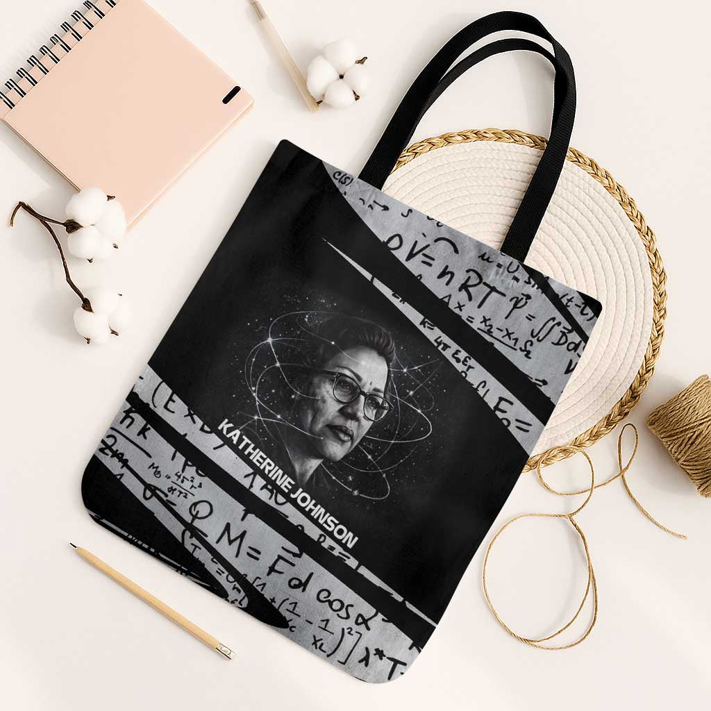 Katherine Johnson Tote Bag with Orbital Space Portrait, Historic NASA Launch Dates and Physics - African Pride