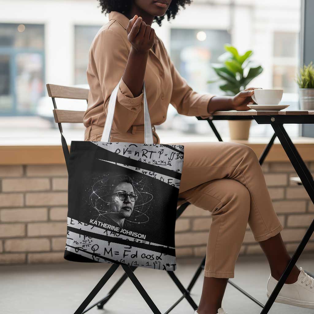 Katherine Johnson Tote Bag with Orbital Space Portrait, Historic NASA Launch Dates and Physics - African Pride