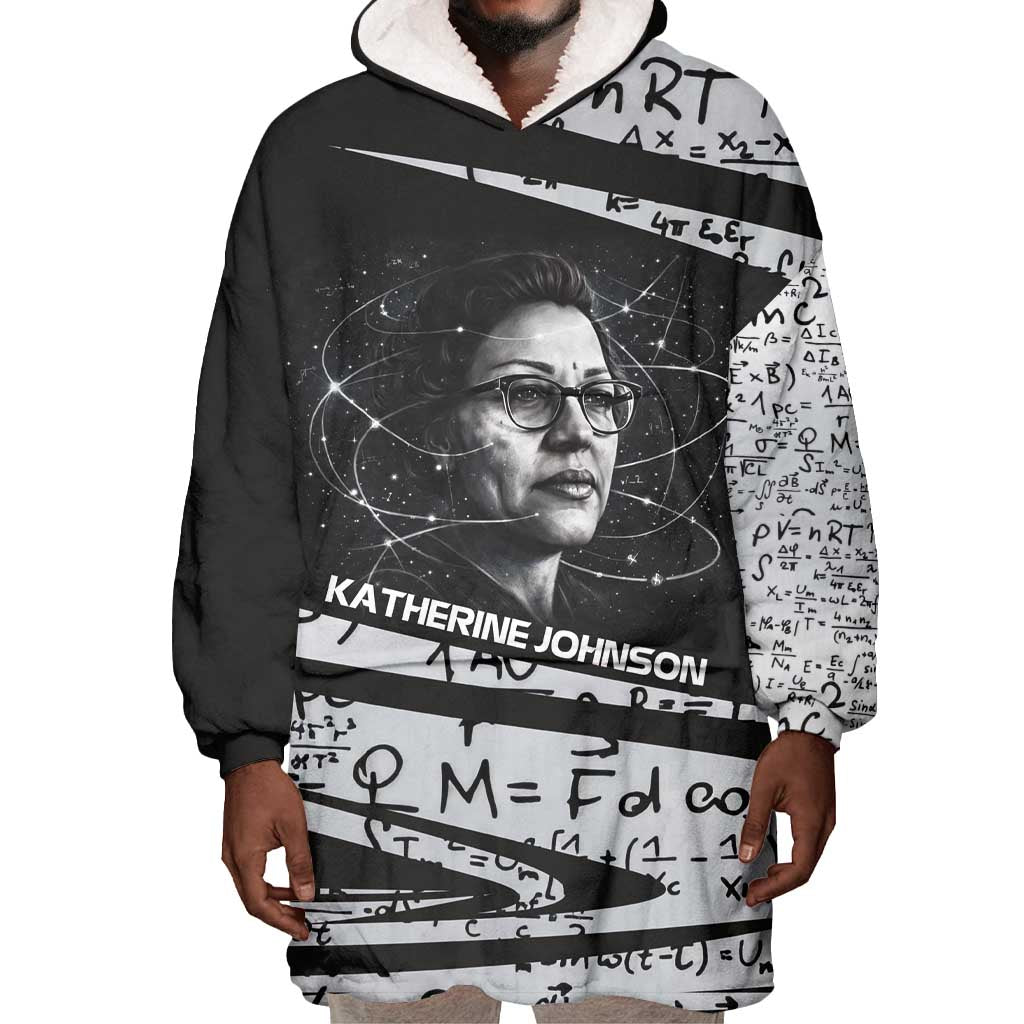 Katherine Johnson Wearable Blanket Hoodie with Orbital Space Portrait, Historic NASA Launch Dates and Physics - African Pride
